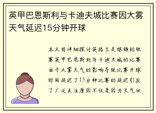 英甲巴恩斯利与卡迪夫城比赛因大雾天气延迟15分钟开球